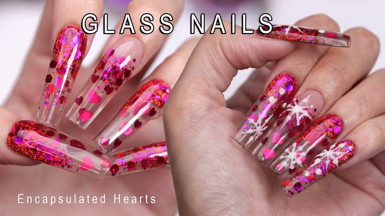 RED HEARTS ♥️ GLASS ACRYLIC NAILS + SUGARED NAIL ART