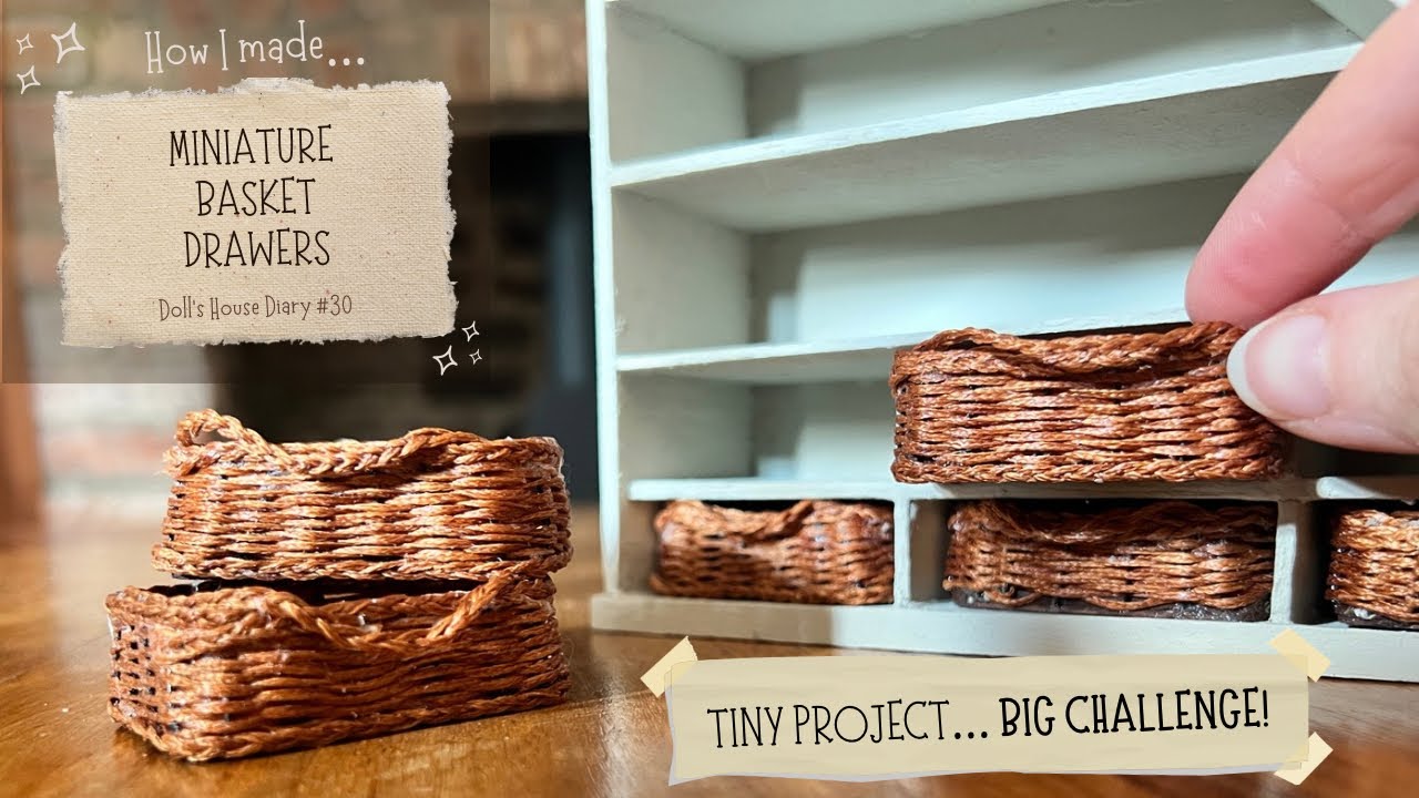 DIY Miniature Rectangular Basket Drawers - 1:12 Scale | Dollhouse Makeover #30 | Cosy Crafting Vlog