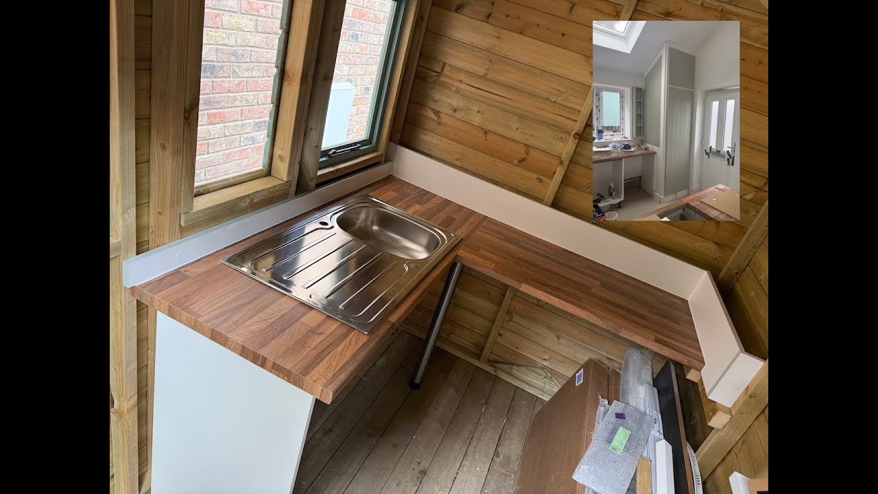 Garden Project part 61. Installing worktops & sink in shed & making door for cylinder cupboard.