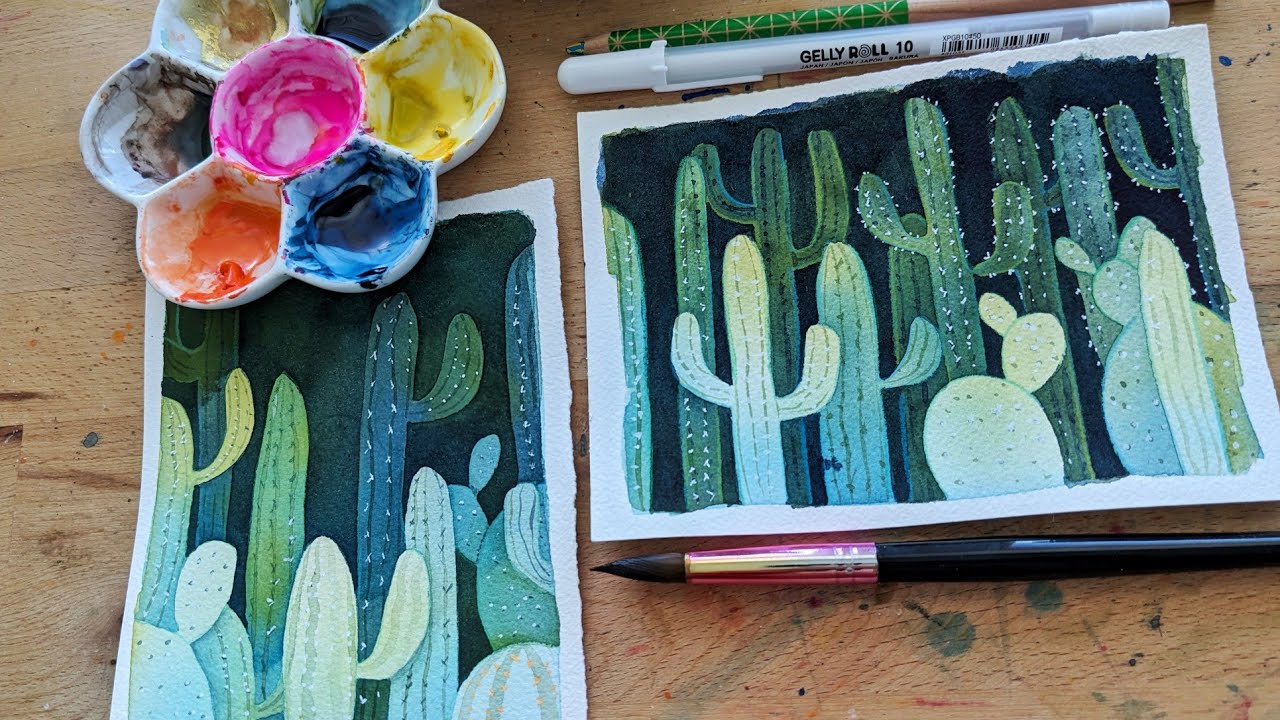 🌵How to Paint Watercolor Cacti | Negative Painting Technique | Beginner Friendly🌵