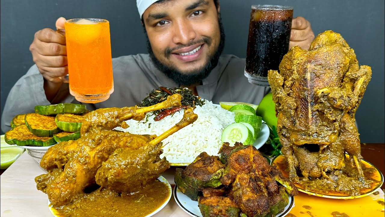 SPICY WHOLE DUCK CURRY, FULL CHICKEN CURRY AND FISH FRY WITH RICE EATING SHOW