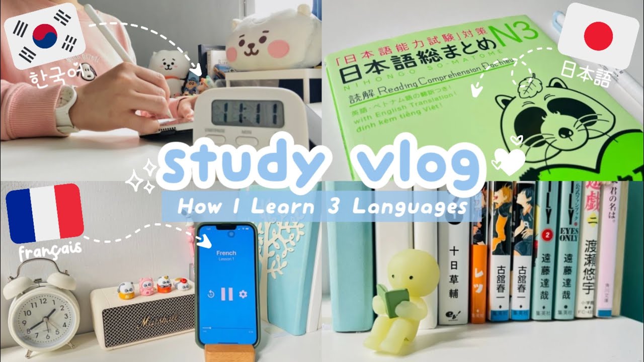 study vlog ♡ study 3 languages with me 🇰🇷🇯🇵🇫🇷  (⊃•̀ω•́)⊃✎