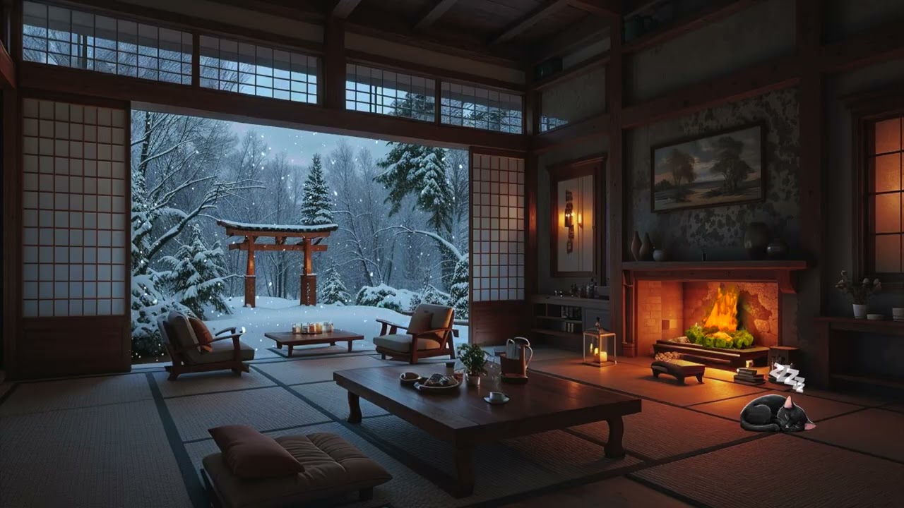 Snowy Japanese Home at Night | Cozy Fireplace Winter Ambience