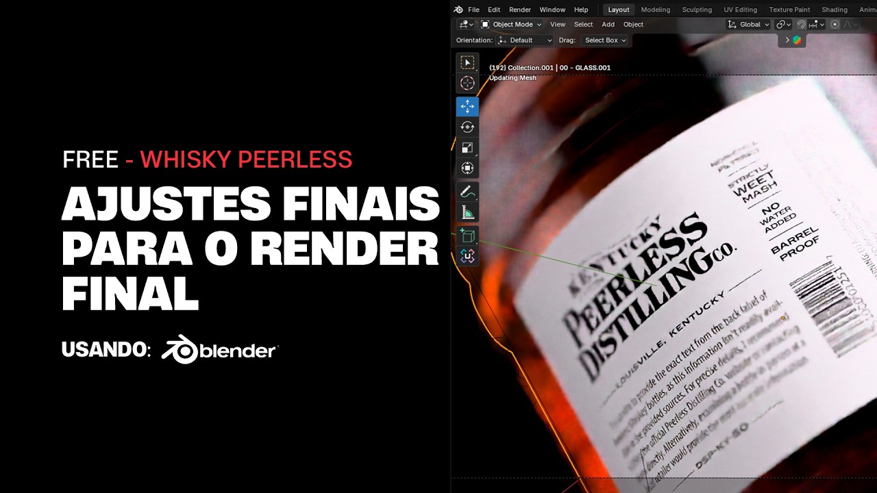 Aplicando rótulo traseiro em um Whisky Peerless no Blender 3D