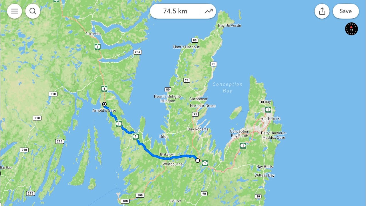 Brigus Junction to Arnold’s Cove, NL (Google Maps Road trip)