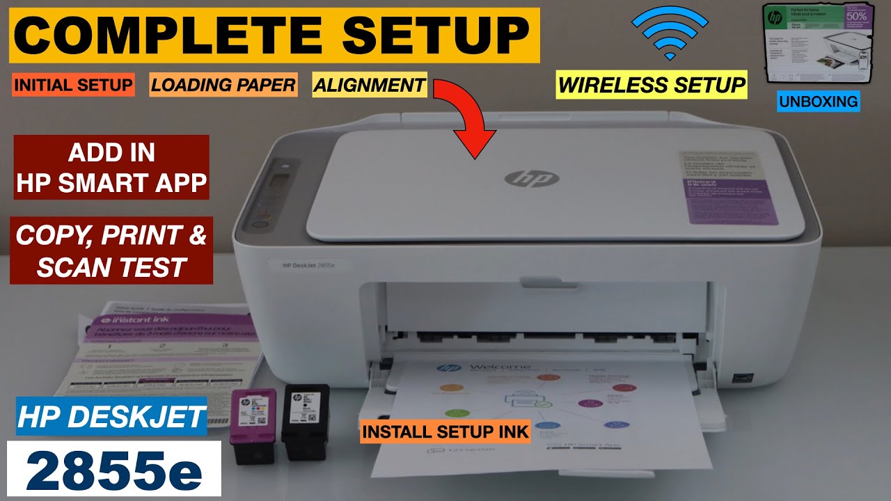 HP DeskJet 2855e Printer Setup, Installing Ink, Load Paper, WiFi Setup, Copy, Print & Scan Review.