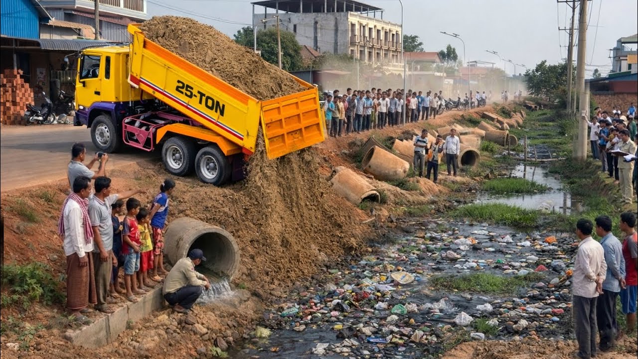 First Started A Perfect Project!! LandFill Delete Deep Canal By Skills Dozer Pushing Soil Into Water