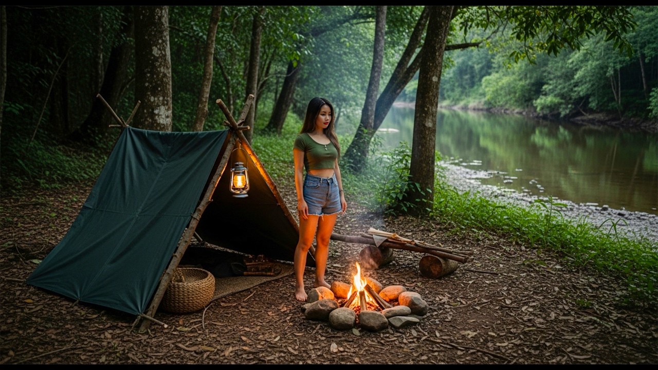 SOLO Camping in Rainforest - Easy and Quick Tarp shelter, Bushcraft Tent, No Sleeping Bag