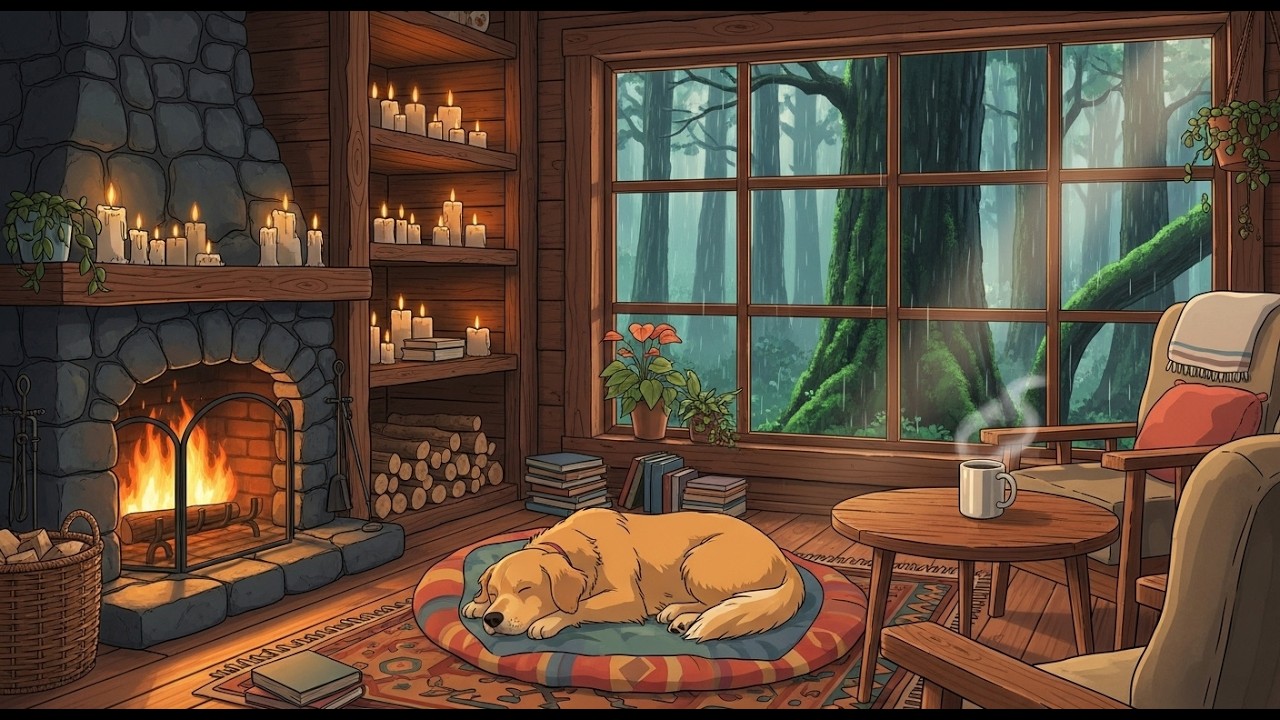 Cozy Cabin Lofi with Warm Fireplace & Gentle Forest Rain 🌧️ Relaxing Music for Study and Sleep