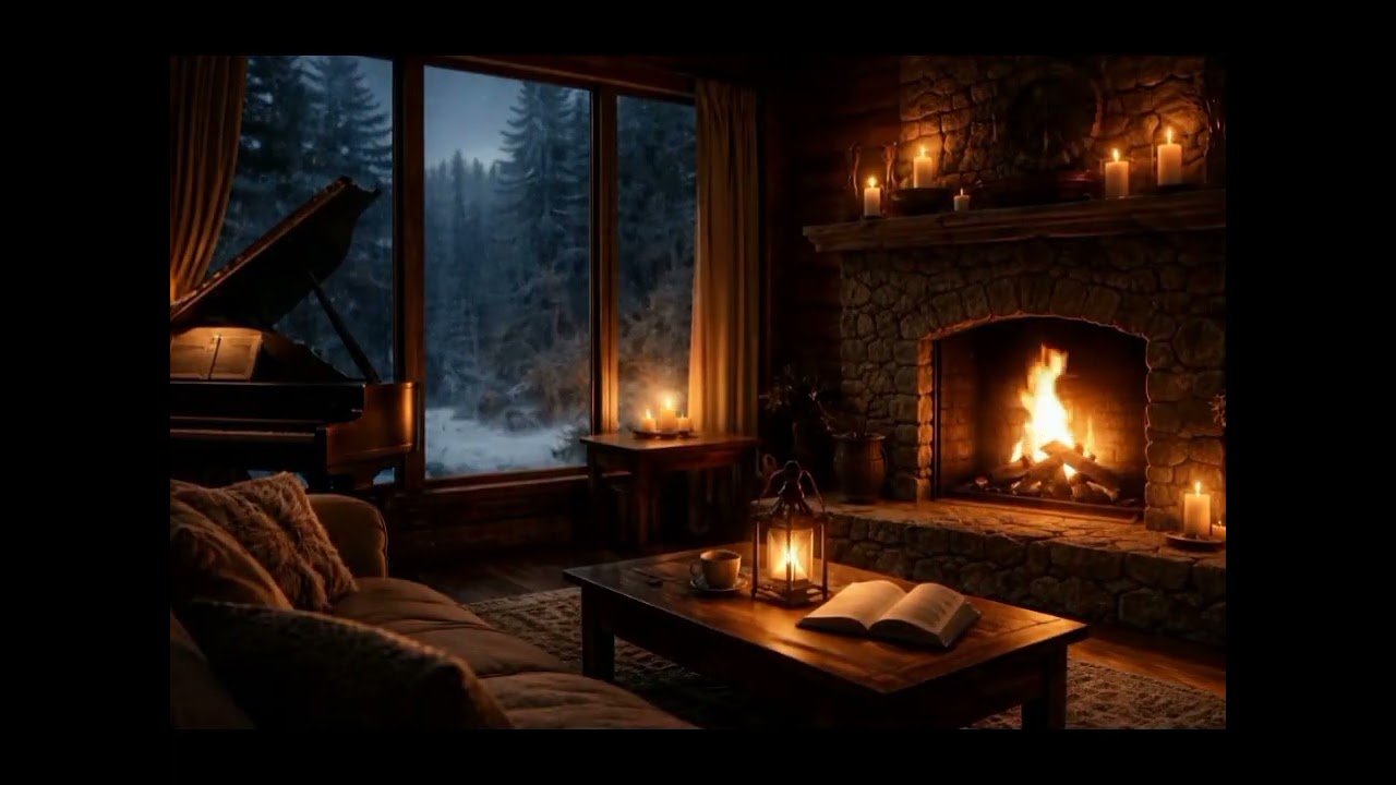 Cozy Cabin Fireplace at Night 🔥 Snow Falling Outside | Relaxing Piano 1 Hour