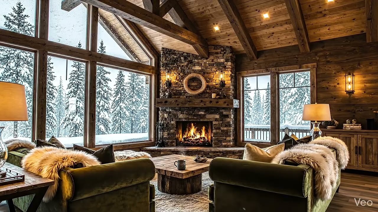 Relaxing Study Music & 90’s LoFi Mix - Luxury Cabin Fireplace View