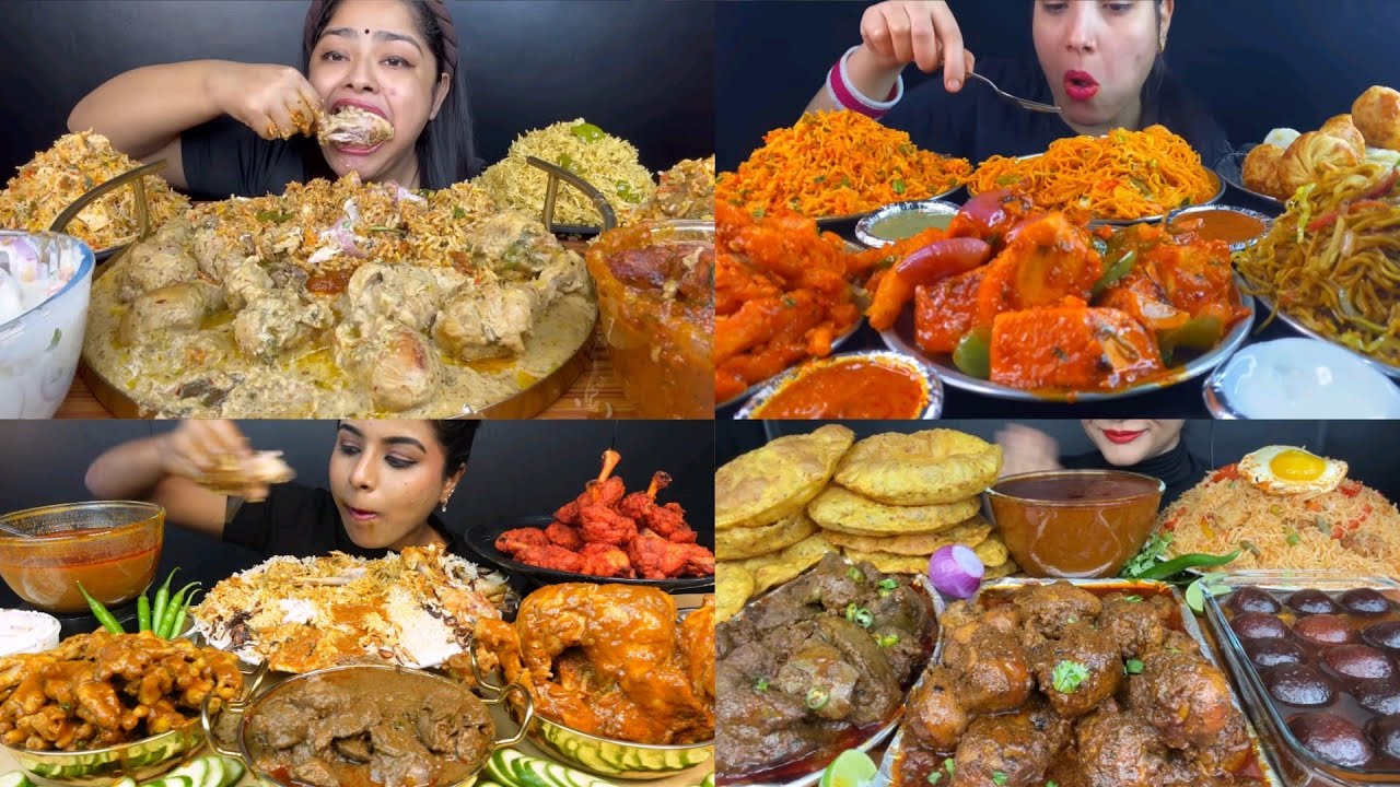 EATING SPICY SCHEZWAN FRIED RICE CREAMY CHICKEN MUTTON PULAO CHILI PANEER EATING SHOW EATING VIDEOS 