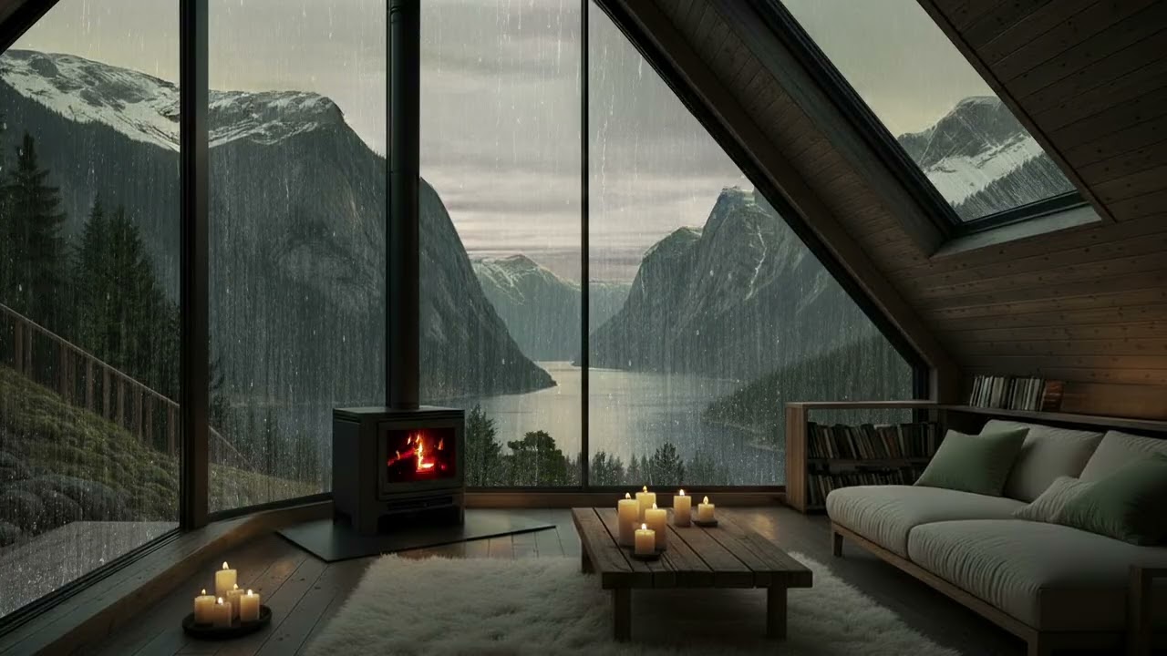 Mountain Fjord Cabin Fireplace Ambience 🌧️| Calm Views & Relaxing Rain Sounds | SLEEP, STUDY, RELAX