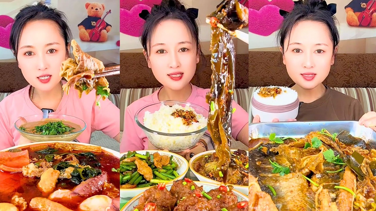 Rice Mukbang with Spicy Fish Stew, Kelp and Chili Meatballs