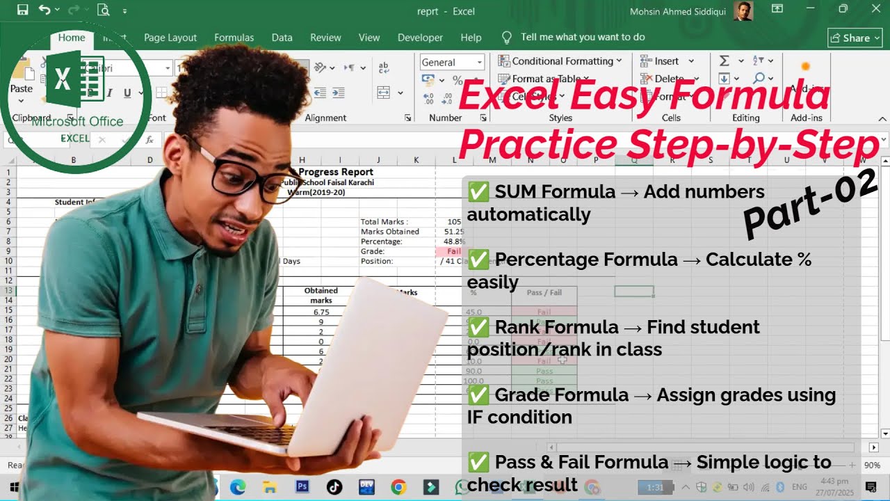 MS Excel Basic Formula | SUM, Percentage, IF, Rank ,Grades, Pass/Fail Condition – Part-02