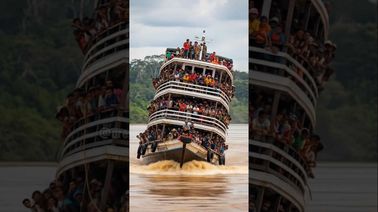 Overcrowded Multi-Deck Ferry Tilts & Slowly Sinks in the River. #ferry #shorts #viral #foryou
