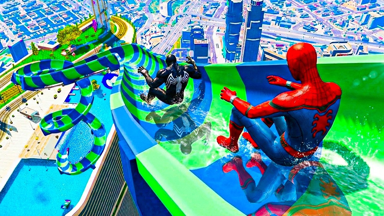SUPERHEROES VS VENOM CRAZY WATER SLIDE CHALLENGE