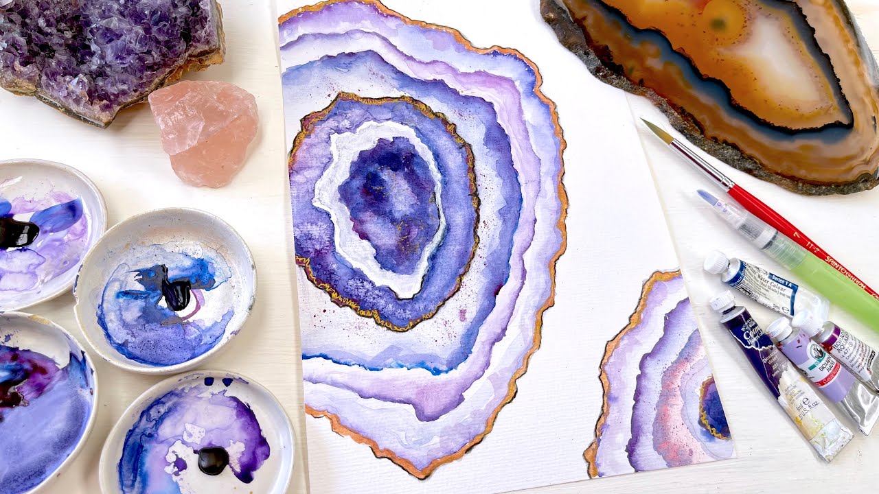 How to Paint an Amethyst Geode with Gold and Salt - Relaxing Step by Step Agate Watercolor Tutorial