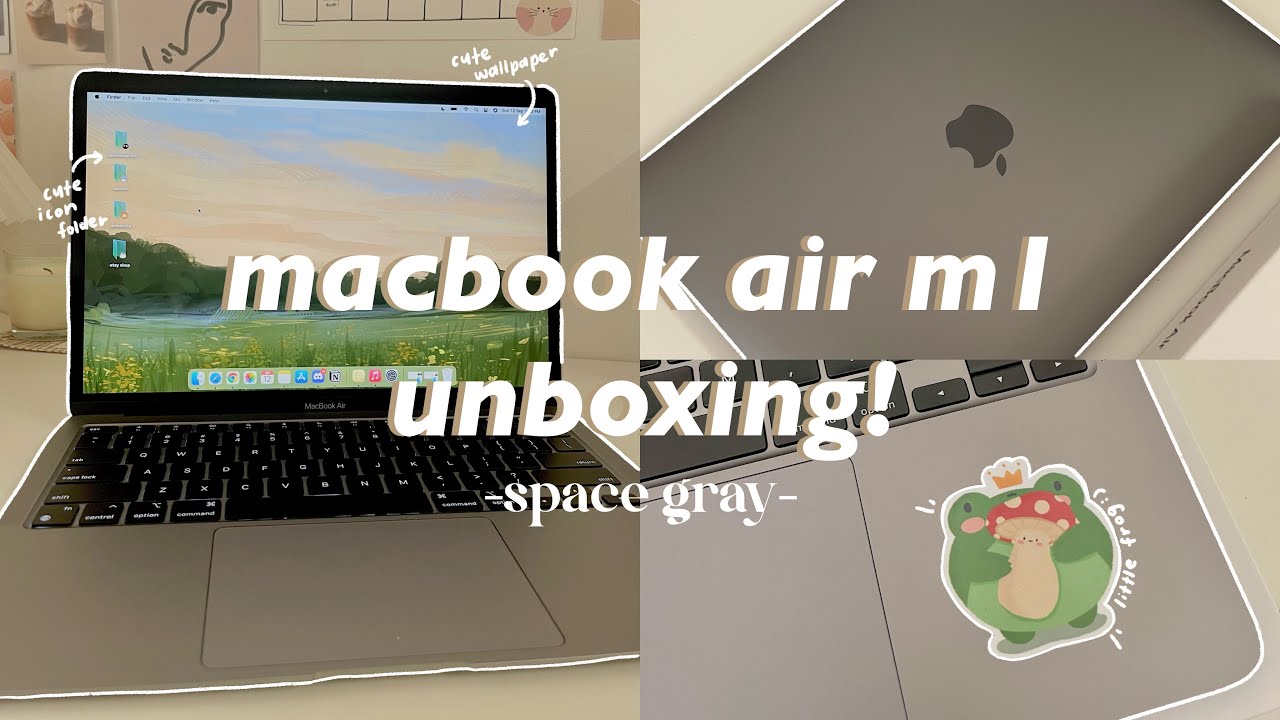Macbook Air M1 in Space Gray Unboxing🌱| cute and aesthetic wallpapers + decorate with me ☁️💻