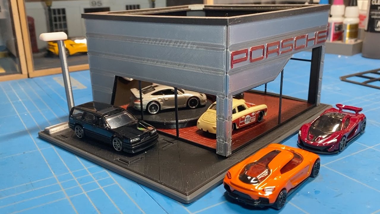 3D-печать индивидуальной диорамы дилерского центра Porsche для ваших Hotwheels