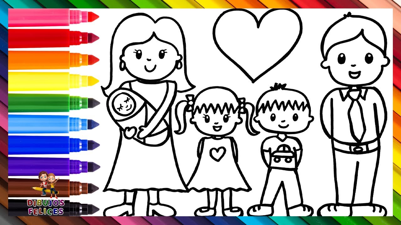 Dibuja y Colorea Una Familia De 5 👩👨👶👧👦❤️ Padres E Hijos 👨‍👩‍👧‍👧🌈 Dibujos Para Niños