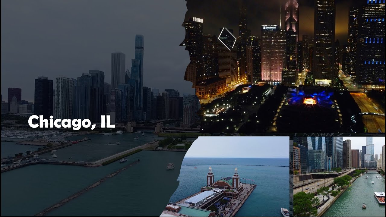 Chicago, IL | Navy Pier, Riverwalk, & Millennium Park | Night view | Drone Footage  مدينة شيكاجو
