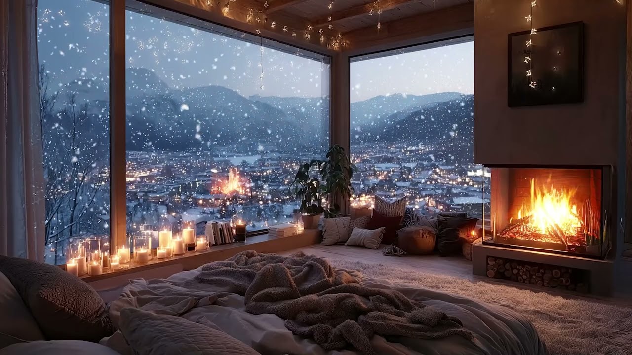 Warm Fireplace & Winter Piano Ambience | Deep Sleep Snow Cabin