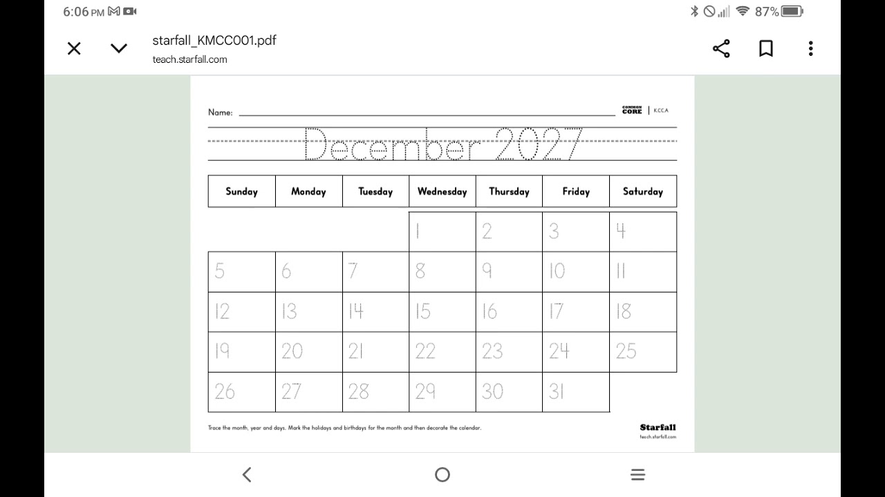 Starfall Calendar December 2027 