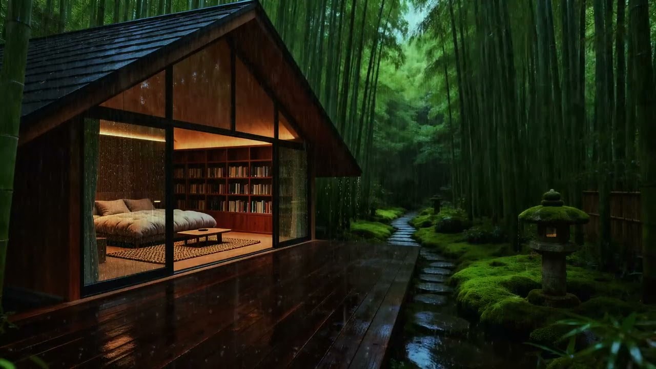 Rainy Night in a Bamboo Forest 🌧️ Warm Japanese Cabin | No Thunder Sleep Sounds
