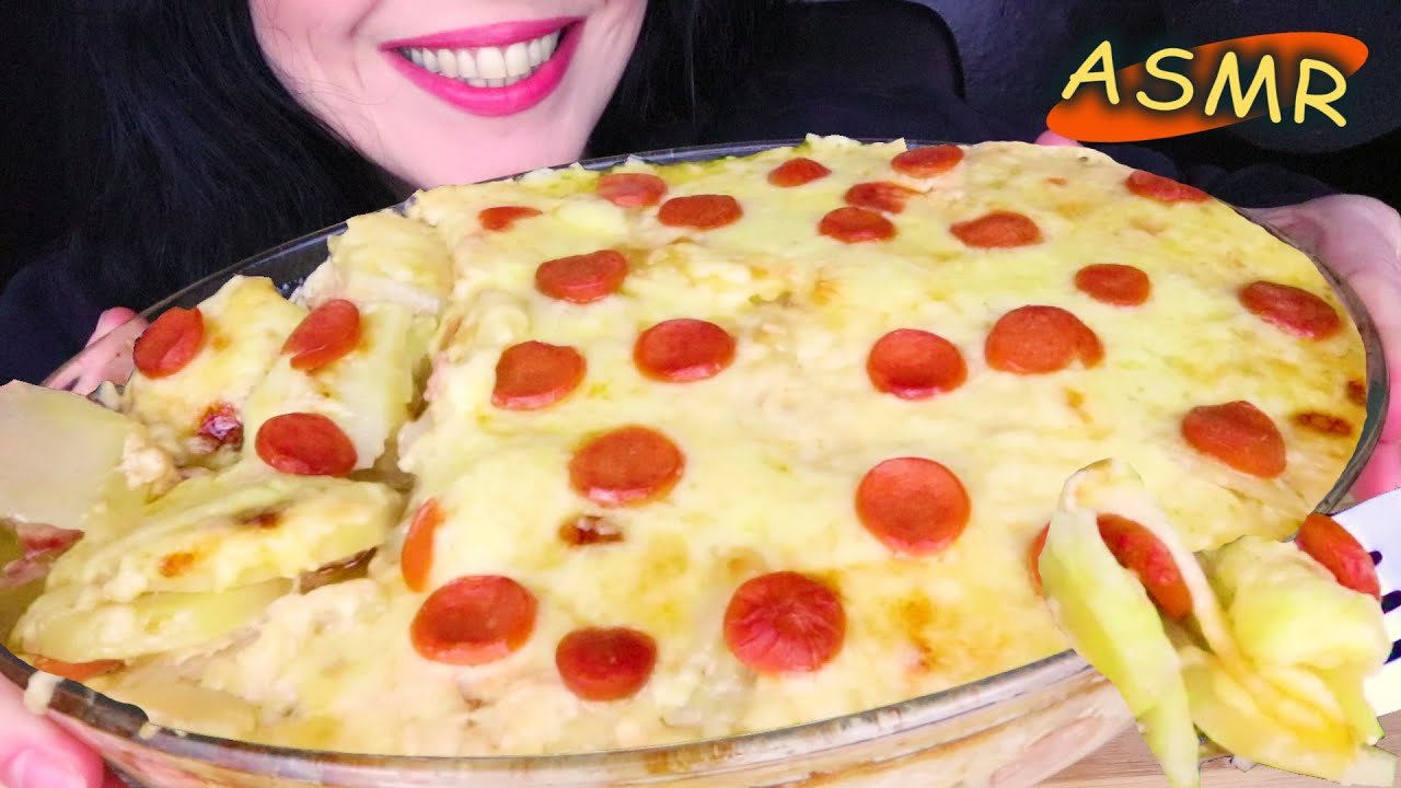 CHEESY POTATO BAKE WITH BACON & COCKTAIL SAUSAGES 🍲 | No Talking | ASMR Mukbang - 먹방 | Eating Sounds