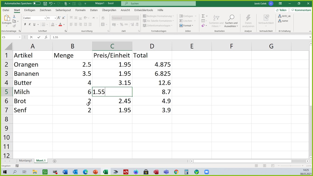 Excel Basis 1, 1.0 eine einfache Einkaufsliste erstellen