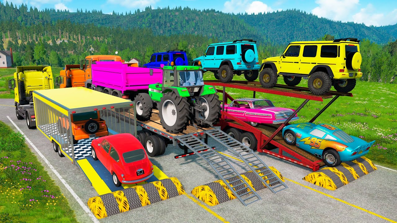 Flatbed Trailer Cars Transportation with Truck - Speedbumps vs Cars vs Train - BeamNG.Drive #45