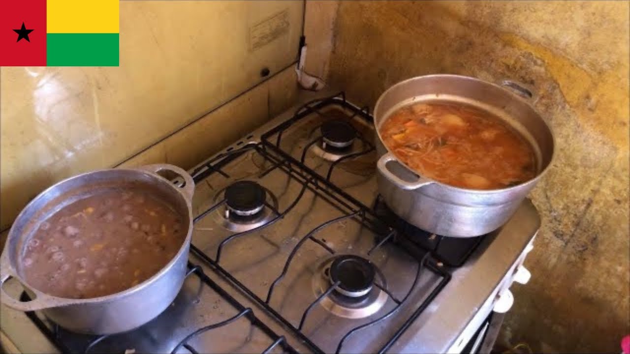 Cooking beans and spaghetti in Guinea-Bissau