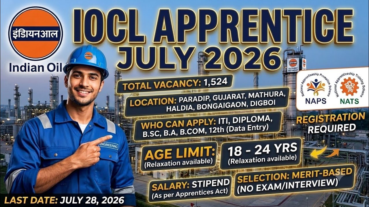 🚨 IOCL Apprentice Recruitment 2026! | 1,524 Vacancy | No Exam, No Interview! 🎯🎓 12th, ITI, Diploma