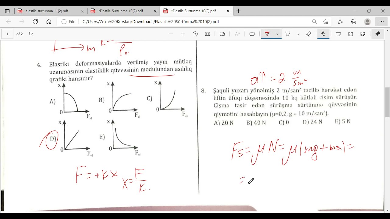Elastiklik qüvvəsi və sürtünə qüvvəsi test izahı (Paylaşdığım quizlərin izahı)
