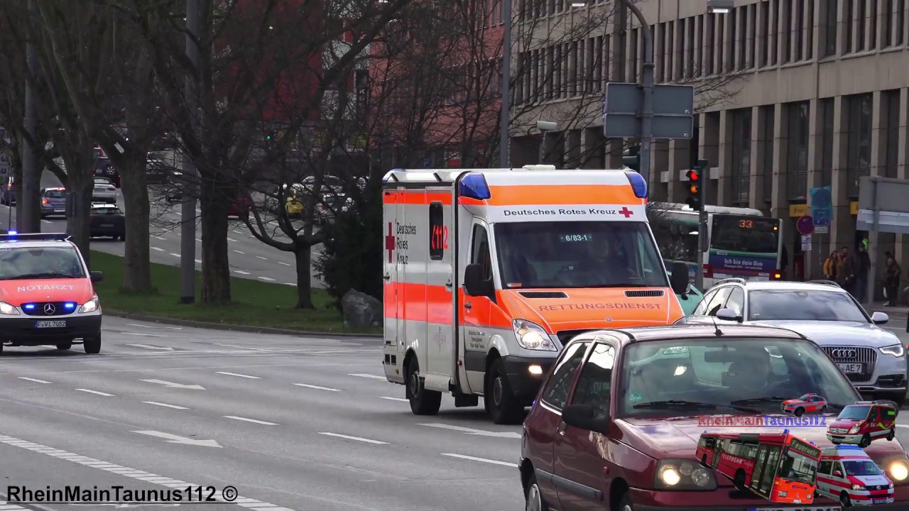 EXTREM seltene Konvoi-Fahrt - RTW 6/83-1 RD DRK RW West + NEF 70/82-01 RD ASB RW JoHo Wiesbaden