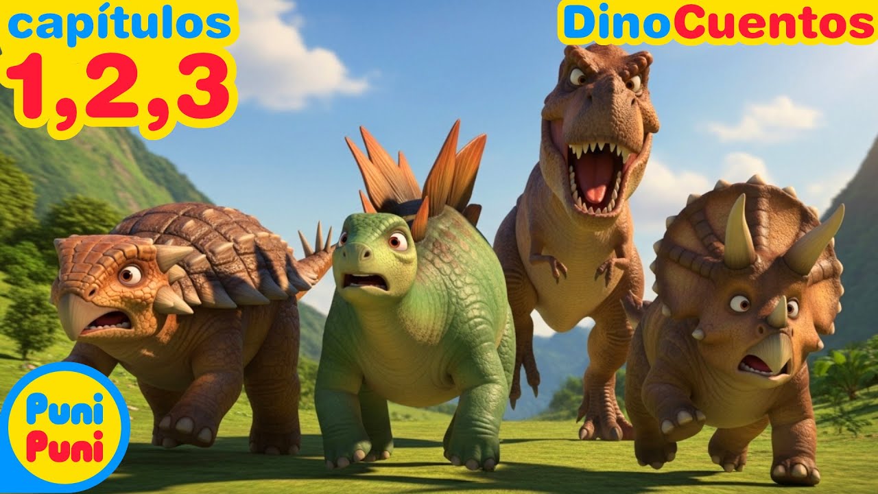 Canciones sobre DINOSAURIOS para niños 🦕 #DinoCuentos Capítulos 1, 2 y 3 🦖 Puni Puni