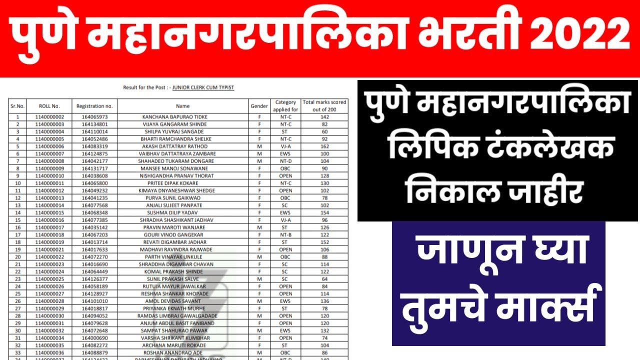 PMC Clerk typist result 2022|pune mahanagrapalika Clerk Result Download 2022|pmc clerk typist result