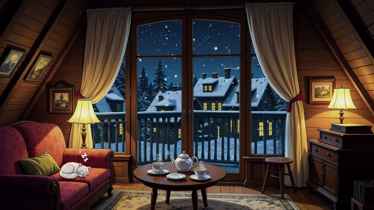 Cozy 1950s Winter Attic ☕ Snow Falling & Oldies Playing on Vintage Radio | Relaxing Ambience