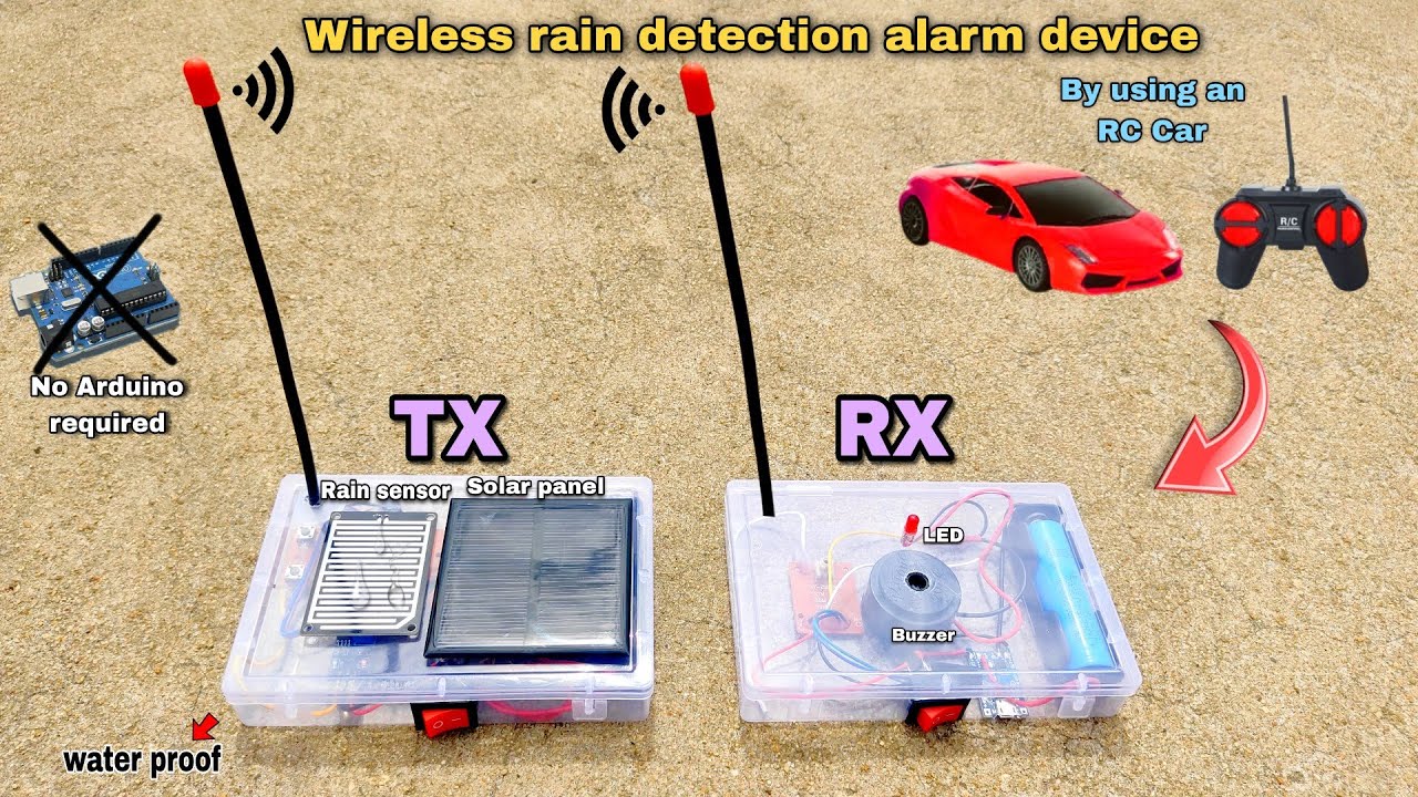 I made a simple solar powered wireless rain detection alarm project using rc car parts