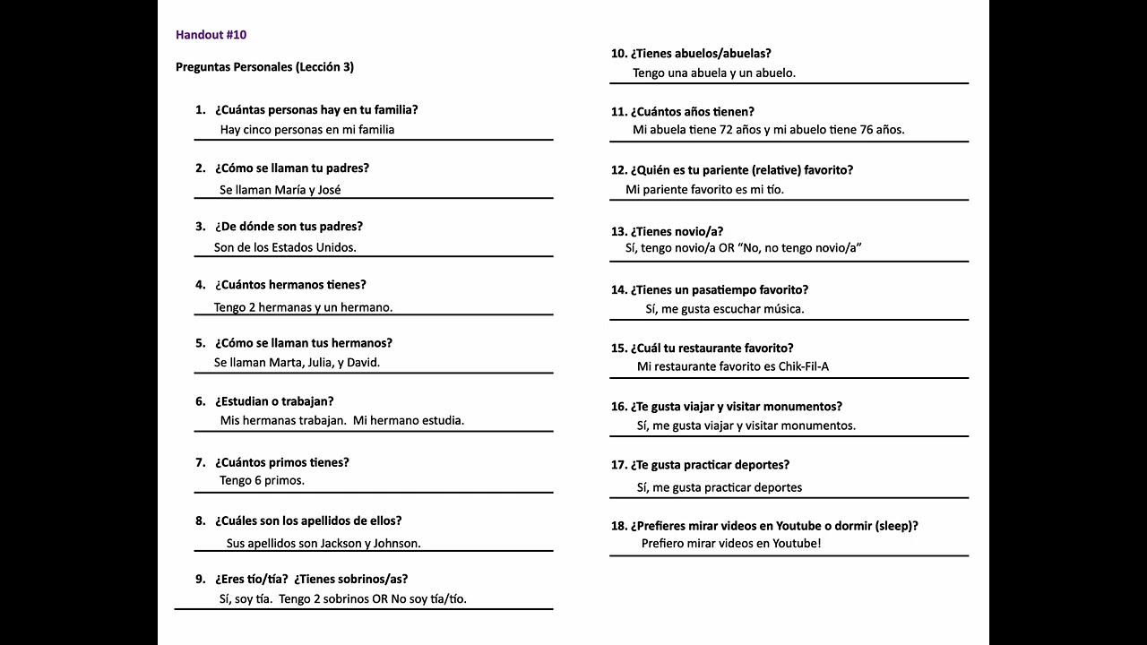 Preguntas Personales Handout #10