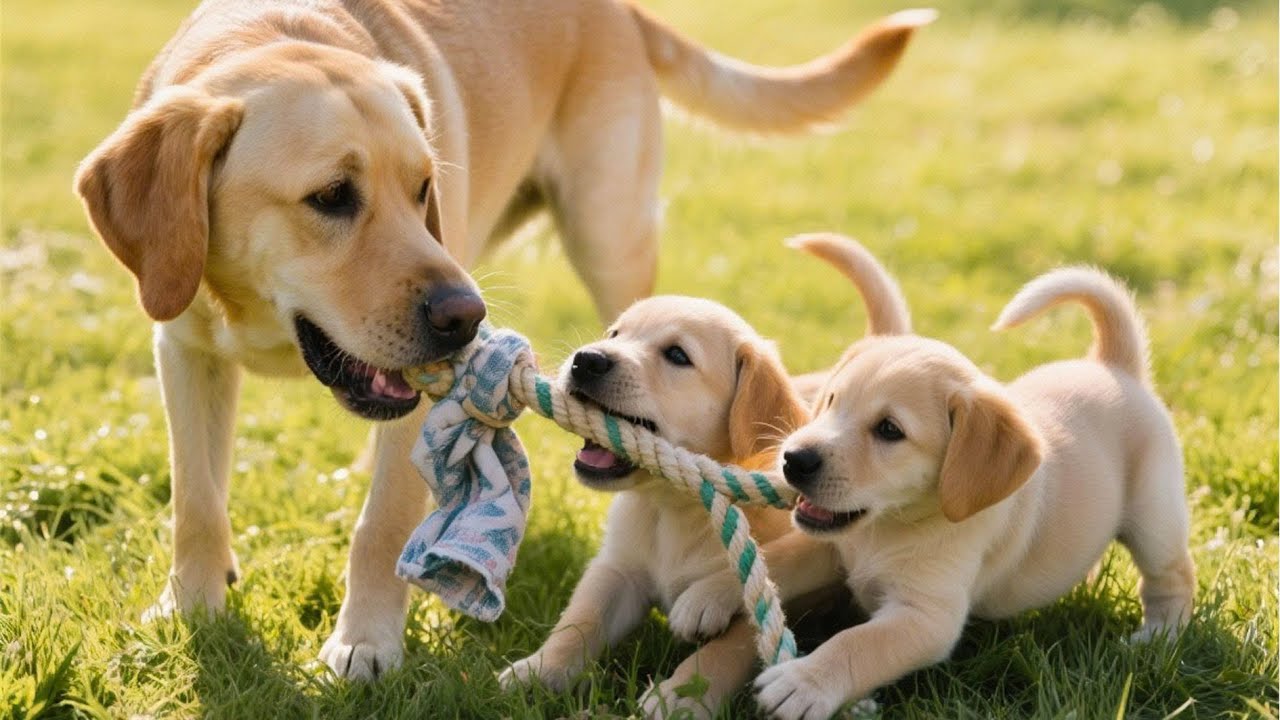 Beautiful puppies playing tug of war with their mother dog - Dog barking sounds - Dog videos