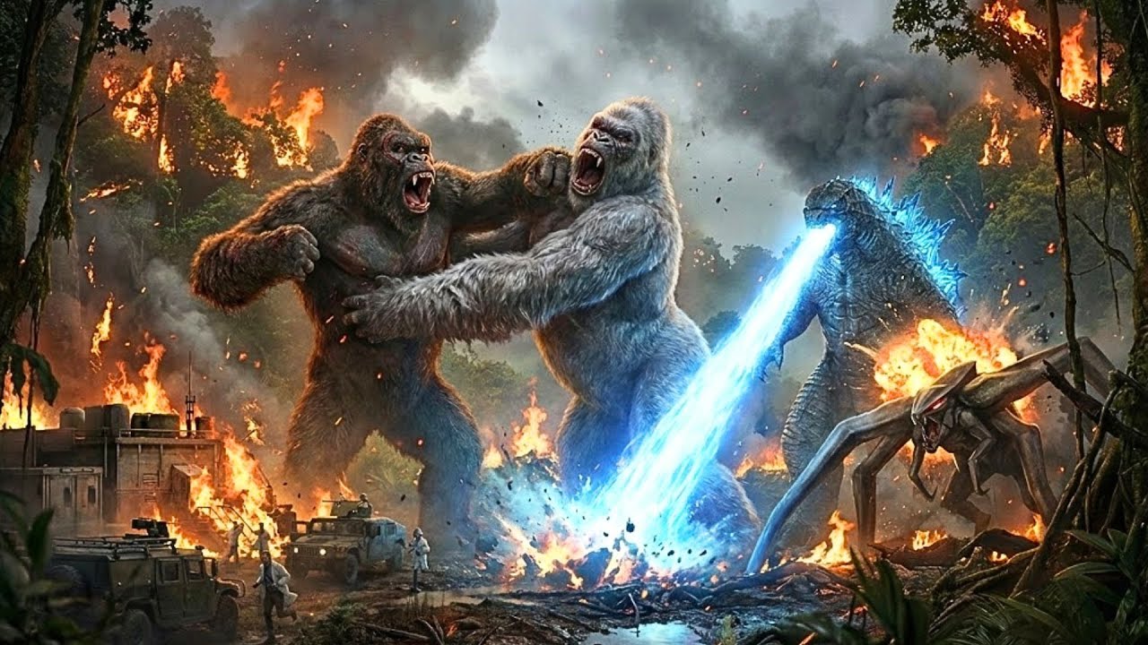 King Kong and Godzilla vs. The Titan Silverback: Alpha Male Dominance Fight in the Burning Jungle
