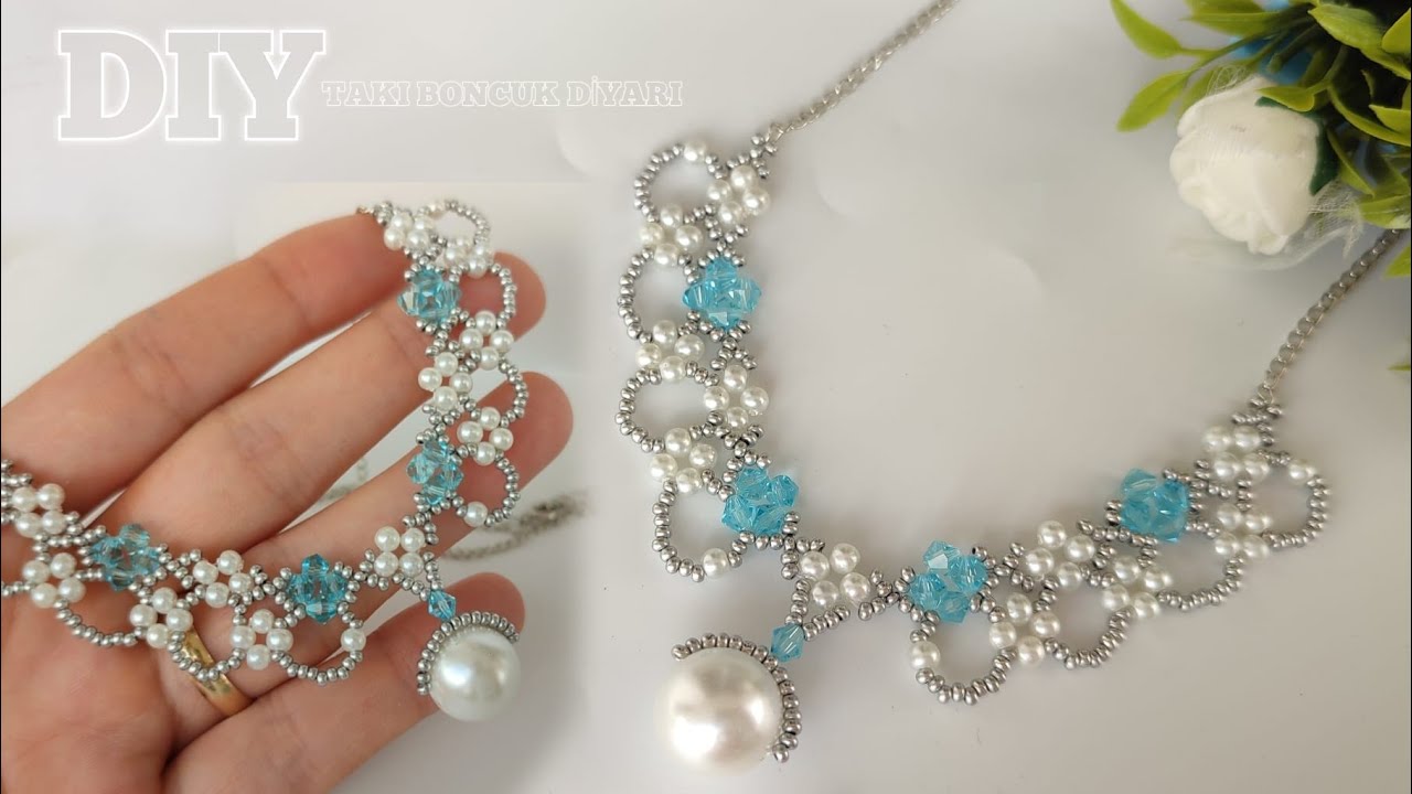 Pearl necklace. Easy to make beaded necklace with bicone and seed beads /DİY İnci kolye yapımı.