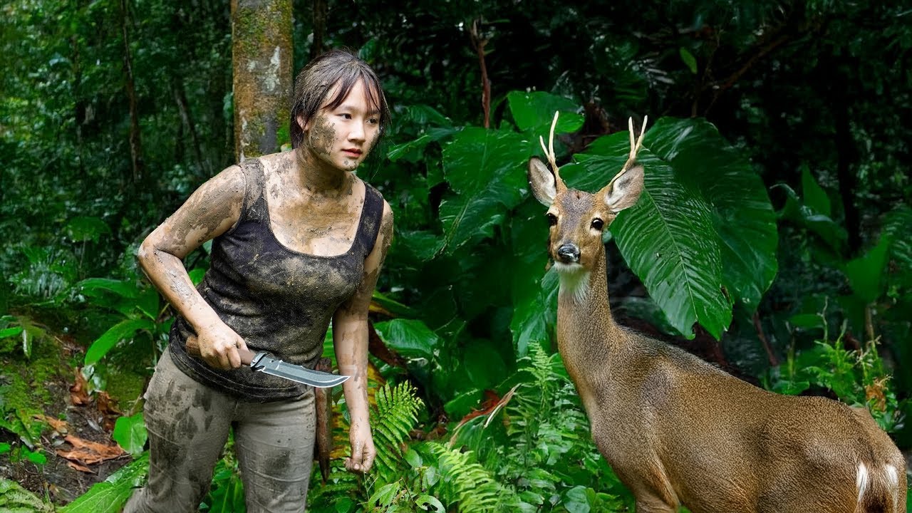 Full-video: Trapped in the Wild - Genius Girl Saves a Monkey, Hunts Deer & Crafts a Web Shelter!