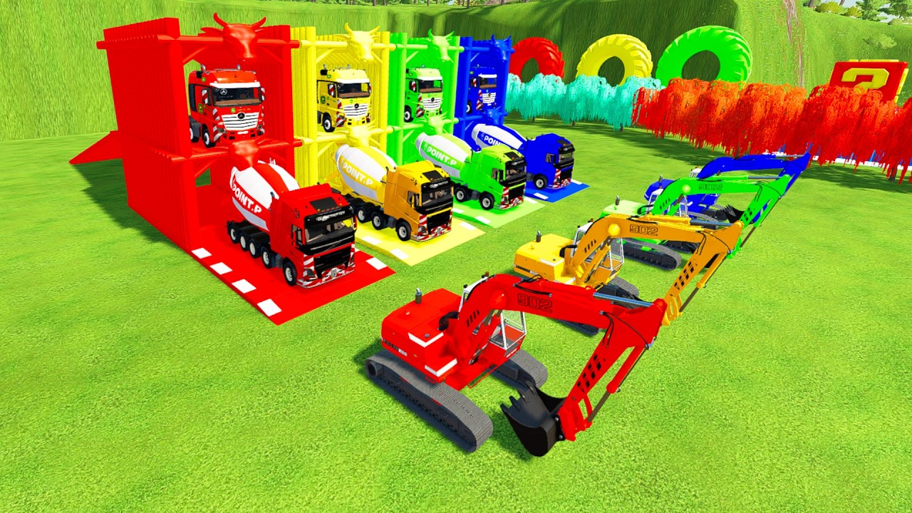 Colorful trucks - TRANSPORTING MIXER TRUCK, LIEBHER EXCAVATOR TO COLORFUL GARAGE WITH TRAILER TRUCK