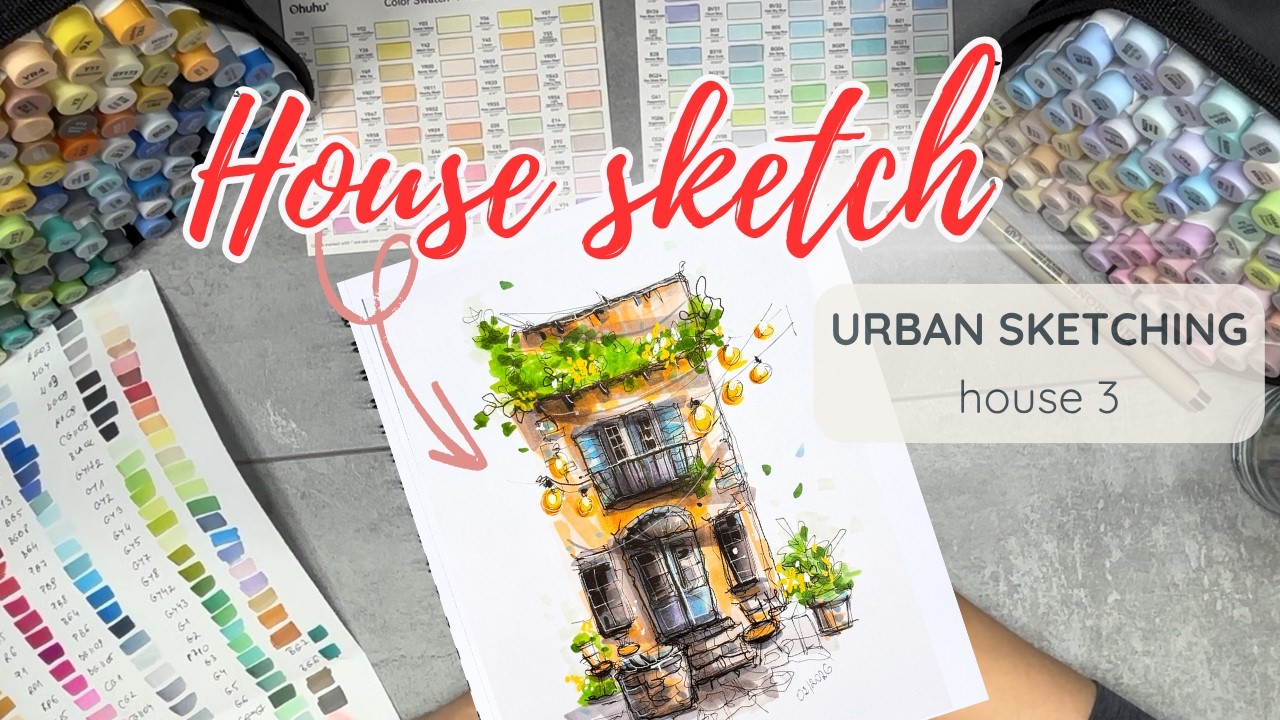 Urban Sketching Process - step by step ✍️ | Old Vintage  House Drawing with Markers  | ASMR | Ohuhu