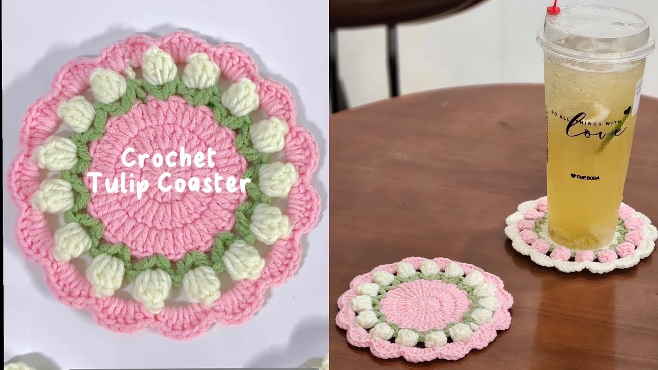 Crochet Tulip Coaster 🌷Cách móc lót ly hoạ tiết hoa Tulip xinh xắn đơn giản| Cỏ crochet