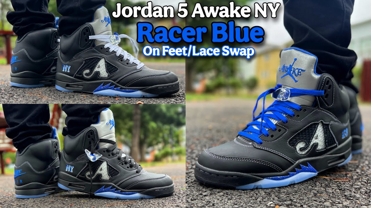 Jordan 5 Awake NY Racer Blue - On Feet With Lace Swap 💙🖤🤍