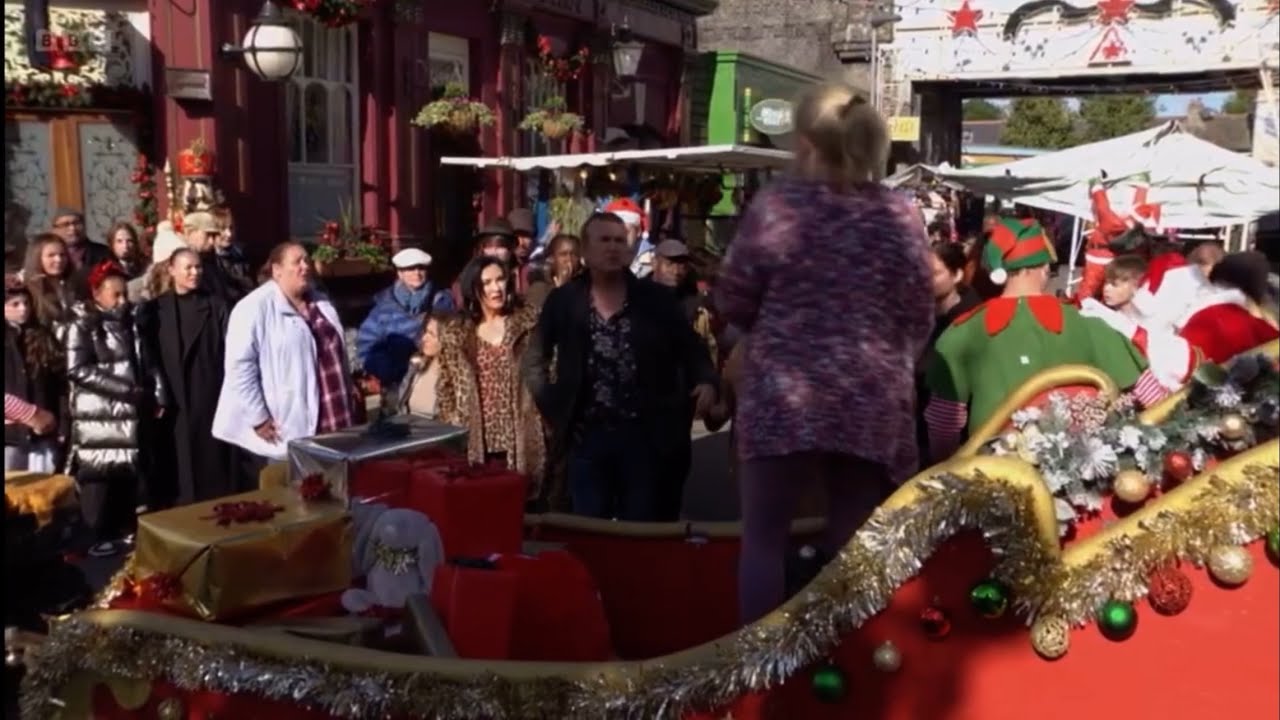 Eastenders a drunk Linda ruins the Beale’s eels santa grotto by making Ian fall off the sleigh scene